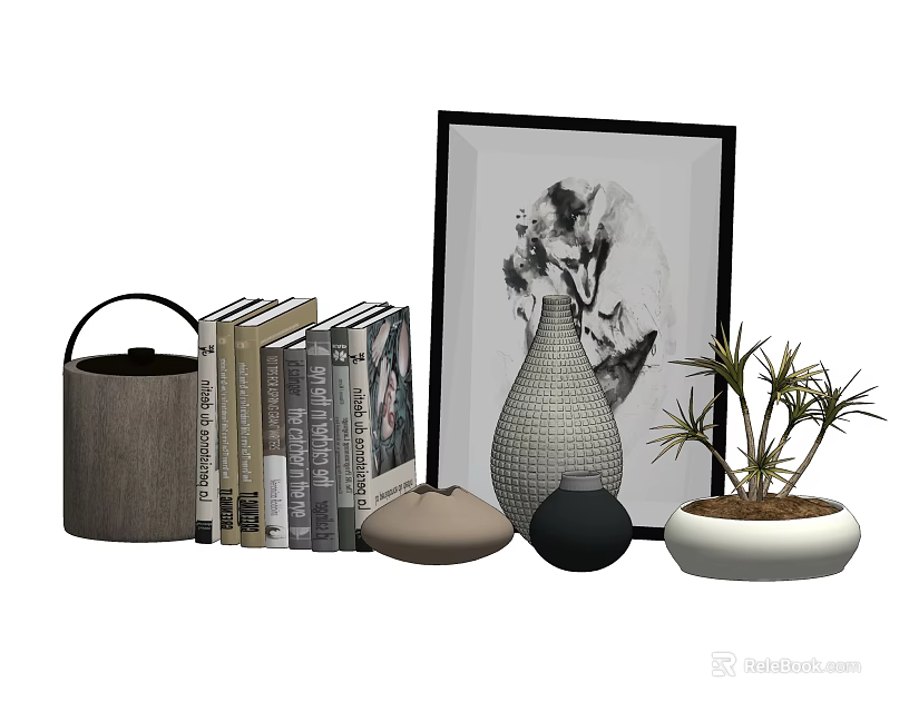 Modern Decorative Ornament Set With Books Framed Art Woven Vase And Potted Plant 3d model 