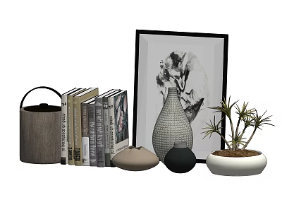 Modern Decorative Ornament Set With Books Framed Art Woven Vase And Potted Plant 3d model