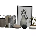 Modern Decorative Ornament Set With Books Framed Art Woven Vase And Potted Plant