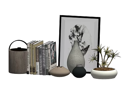 Modern Decorative Ornament Set With Books Framed Art Woven Vase And Potted Plant 3d model