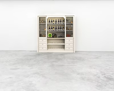 White Wine Cabinet With Glass Doors Drawers And Wine Bottles On Shelves 3d model