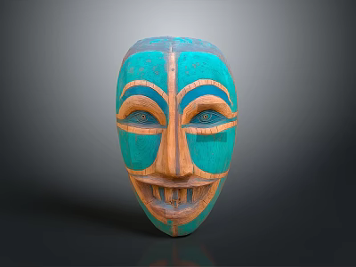 Vibrant Animal Face Wooden Mask With Turquoise and Orange Eye Brow Patterns 3d model