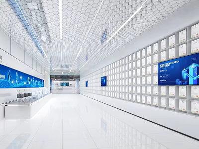Modern Tech Exhibition Hall With White Interior Multiple Screens And Display Panels 3d model
