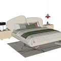 Modern Kids Bed with Curved Ivory Headboard Green Blanket Pink Pendant Light and Bedside Lamp