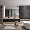 Modern Bathroom Interior Design With Free Standing Bathtub Shower Enclosure And Wooden Marble Vanity