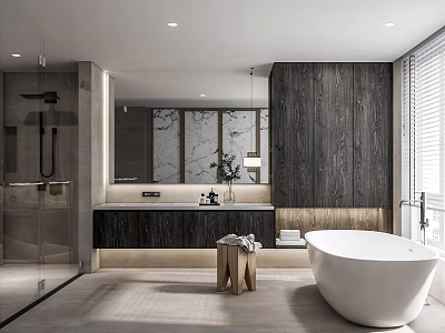 Modern Bathroom Interior Design With Free Standing Bathtub Shower Enclosure And Wooden Marble Vanity 3d model