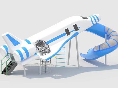 Shuttle Shaped Playground Equipment With Blue White Tunnel Slide And Climbing Ladder 3d model