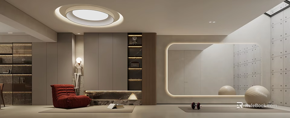 Modern Lounge Room With Red Sofa Marble Lighting Mirror And Storage 3d model 