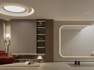 Modern Lounge Room With Red Sofa Marble Lighting Mirror And Storage 3d model