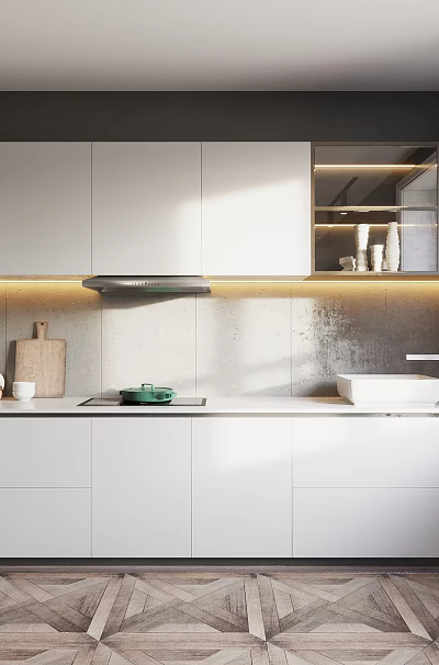 Modern Minimalist Kitchen Interior Featuring White Cabinets Gray Backsplash And Geometric Flooring 3d model