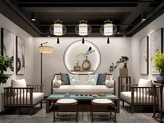 New Chinese Style Meeting Room Sofa Coffee Table Combination Chandelier Floor Lamp 3d model