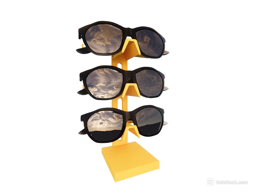 Yellow Three Tier Display Stand With Black Sunglasses And Reflective Lenses 3d model 
