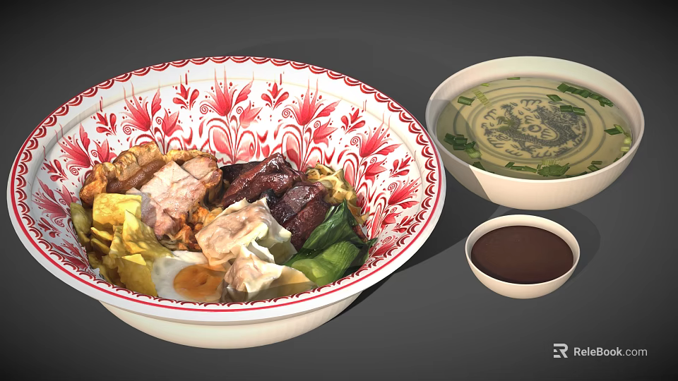 Delicious Ramen In Red Floral Bowl With Pork Vegetables Egg Dumplings And Side Soup 3d model 