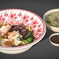 Delicious Ramen In Red Floral Bowl With Pork Vegetables Egg Dumplings And Side Soup
