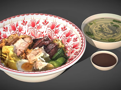 Delicious Ramen In Red Floral Bowl With Pork Vegetables Egg Dumplings And Side Soup 3d model