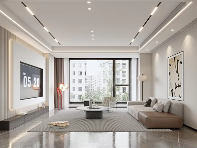 Modern Living Room Interior With Large Window Sofa TV Coffee Table And Decorative Painting 3d model