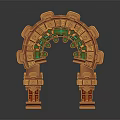 Ancient Themed Decorative Arch With Carved Symbols And Orange Green Accents
