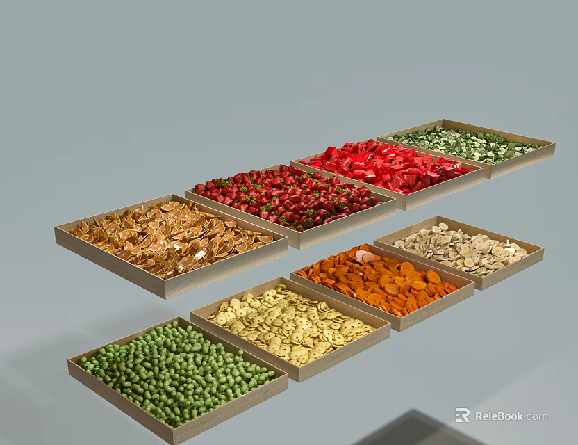 Assorted Colorful Food Items Arranged in Trays with Various Nuts Dried Fruits and Seeds 3d model 