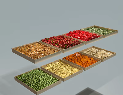 Assorted Colorful Food Items Arranged in Trays with Various Nuts Dried Fruits and Seeds 3d model