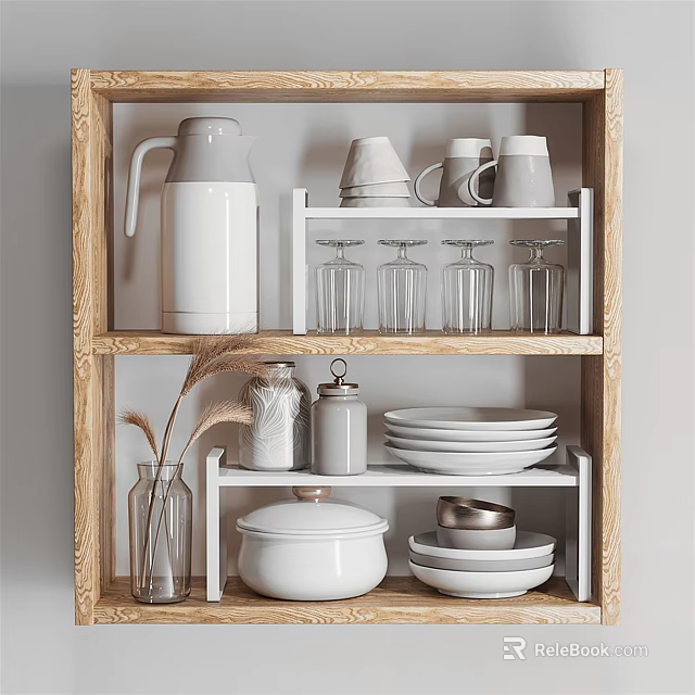 Stylish Kitchenware Display On Wooden Shelf With Kettle Mugs Glasses Plates And Bowls 3d model 