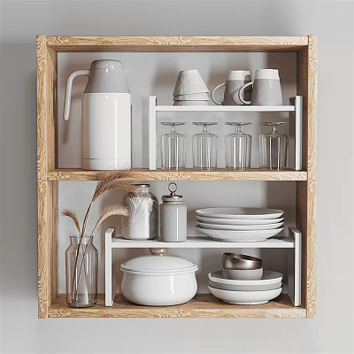 Stylish Kitchenware Display On Wooden Shelf With Kettle Mugs Glasses Plates And Bowls 3d model