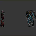 Three Colorful Mechanical Robots Red Gray Teal With Detailed Armor And Weapon