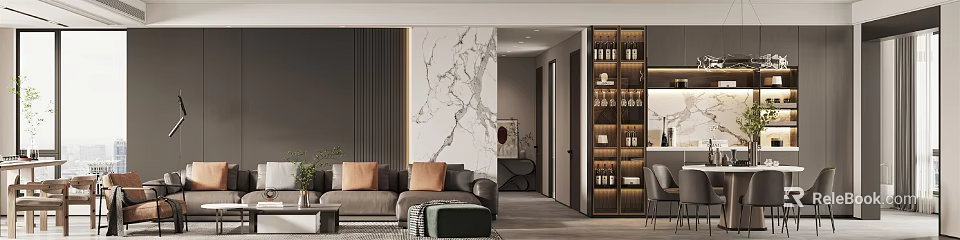 Modern Living Room And Dining Area With Marble Wall Gray Sofa Orange Cushions And Wine Cabinet 3d model 