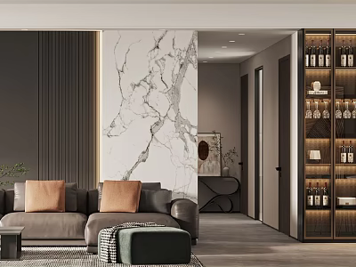 Modern Living Room And Dining Area With Marble Wall Gray Sofa Orange Cushions And Wine Cabinet 3d model