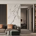 Modern Living Room And Dining Area With Marble Wall Gray Sofa Orange Cushions And Wine Cabinet