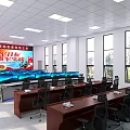 Modern Dispatch Office Interior With Multiple Displays Long Tables Black Office Chairs Large Windows 3d model