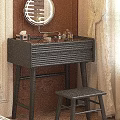Black Modern Dressing Table With Round Mirror Drawers And Matching Stool 3d model