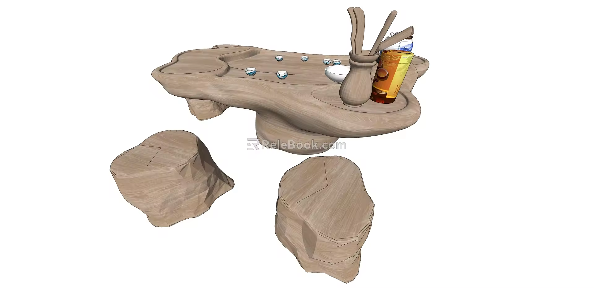 New Chinese Style Root Carving Tea Sea Root Carving Tea Table and Chair Combination Tea Set Teapot 3d model