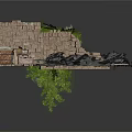 Rustic Scene Construction With Stone Walls Wooden Crate Green Plants Tires And Debris