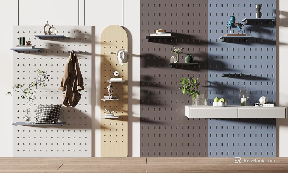 Modern Wall Decor With Pegboard Panels Hooks Shelves And Decorative Plants 3d model 