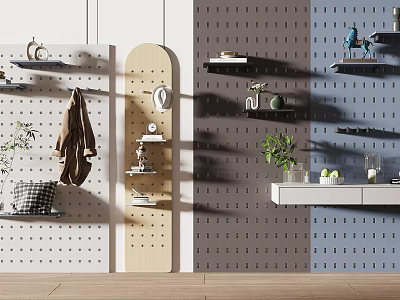 Modern Wall Decor With Pegboard Panels Hooks Shelves And Decorative Plants 3d model