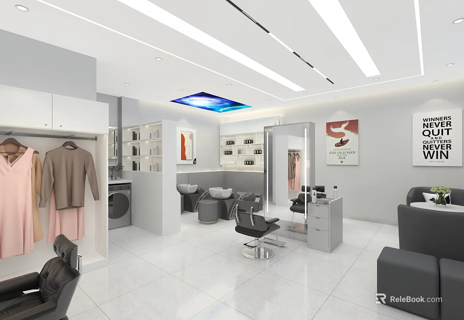 Modern Hair Beauty Salon Interior With Styling Chairs Mirrors And Decorative Lighting 3d model 
