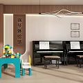 Modern Piano Room Interior with Two Black Pianos Golden Sculptures Wooden Walls and Lighting Decorations