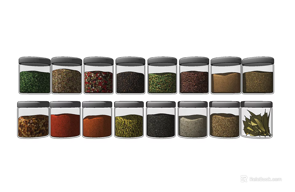 Transparent Glass Spice Jars With Black Lids Holding Colorful Spices In Kitchen 3d model 