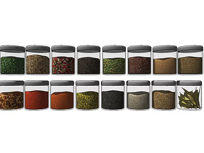 Transparent Glass Spice Jars With Black Lids Holding Colorful Spices In Kitchen 3d model