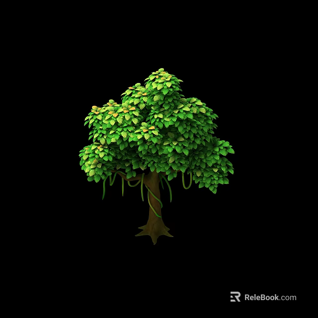 Cartoon Tree Scene With Lush Green Leaves Brown Trunk And Hanging Vines On Black Background 3d model 