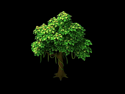 Cartoon Tree Scene With Lush Green Leaves Brown Trunk And Hanging Vines On Black Background 3d model