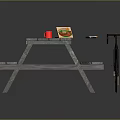 Outdoor Wooden Picnic Table With Hamburger Red Drink Mobile Phone And Black Bicycle