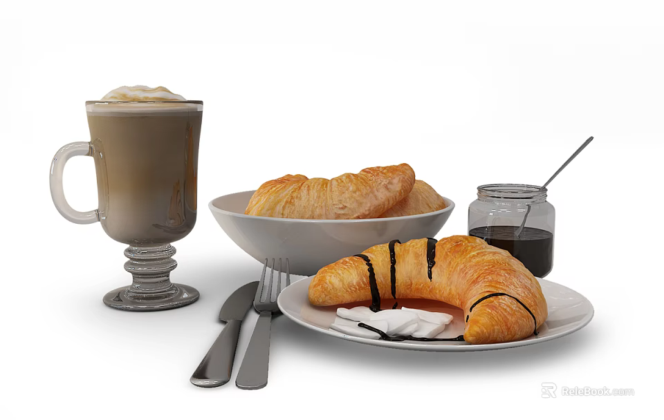 Delicious Fresh Croissants Served With Coffee Chocolate Drizzle Whipped Cream And Jam 3d model 