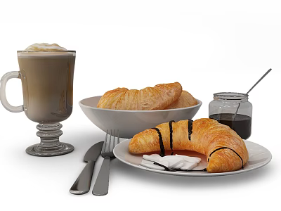Delicious Fresh Croissants Served With Coffee Chocolate Drizzle Whipped Cream And Jam 3d model