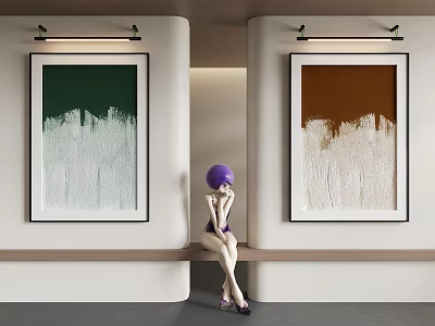 Abstract Paintings on Walls with Purple Hat Figure Seated on Bench Green Brown White Brushstroke 3d model