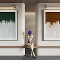 Abstract Paintings on Walls with Purple Hat Figure Seated on Bench Green Brown White Brushstroke
