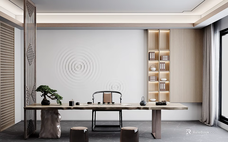 Modern Chinese Tea Room Interior With Long Wooden Table Bonsai Plant And Shelves 3d model 