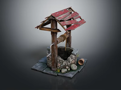 Traditional Well Structure With Wooden Frame Red Wooden Roof Stone Base And Water Bucket 3d model