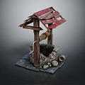 Traditional Well Structure With Wooden Frame Red Wooden Roof Stone Base And Water Bucket