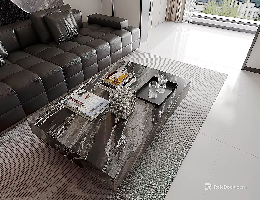 Modern Black Leather Sofa and Marble Coffee Table Set with Magazines and Decor 3d model 